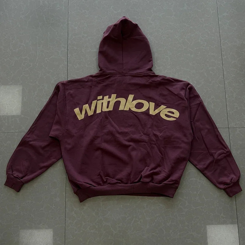 Men's With Love Cursive Text Graphic Hoodie Sweatshirt Oversized Streetwear Pullover Casual Autumn Winter Hooded Top