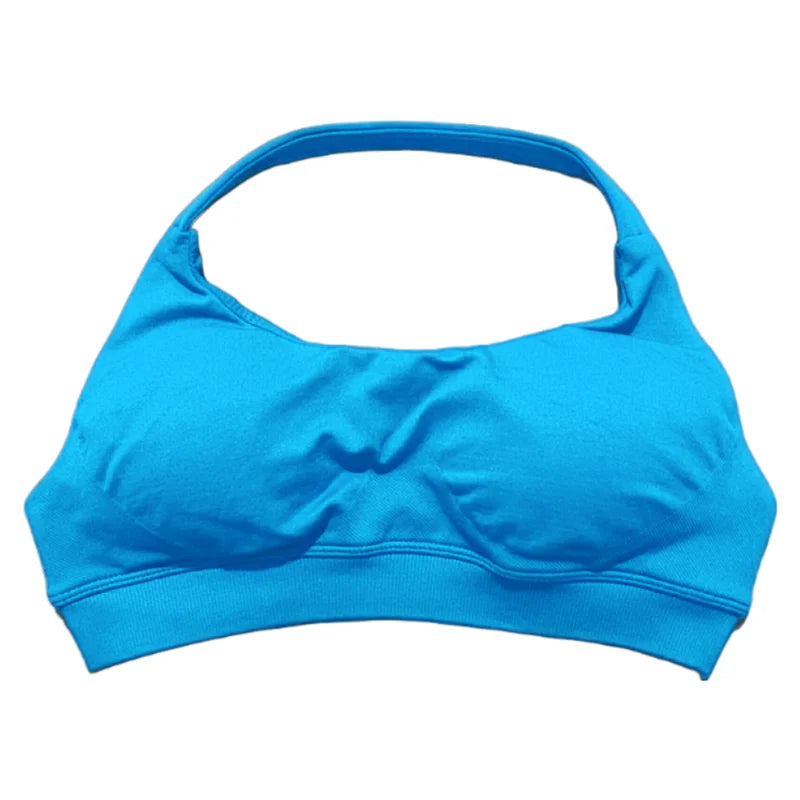 HISTELLO Women Seamless Halter Top Sports Bra High Support Push-up Open Back Pilates Gym Wear Fitness Yoga Workout Underwear - ATFH