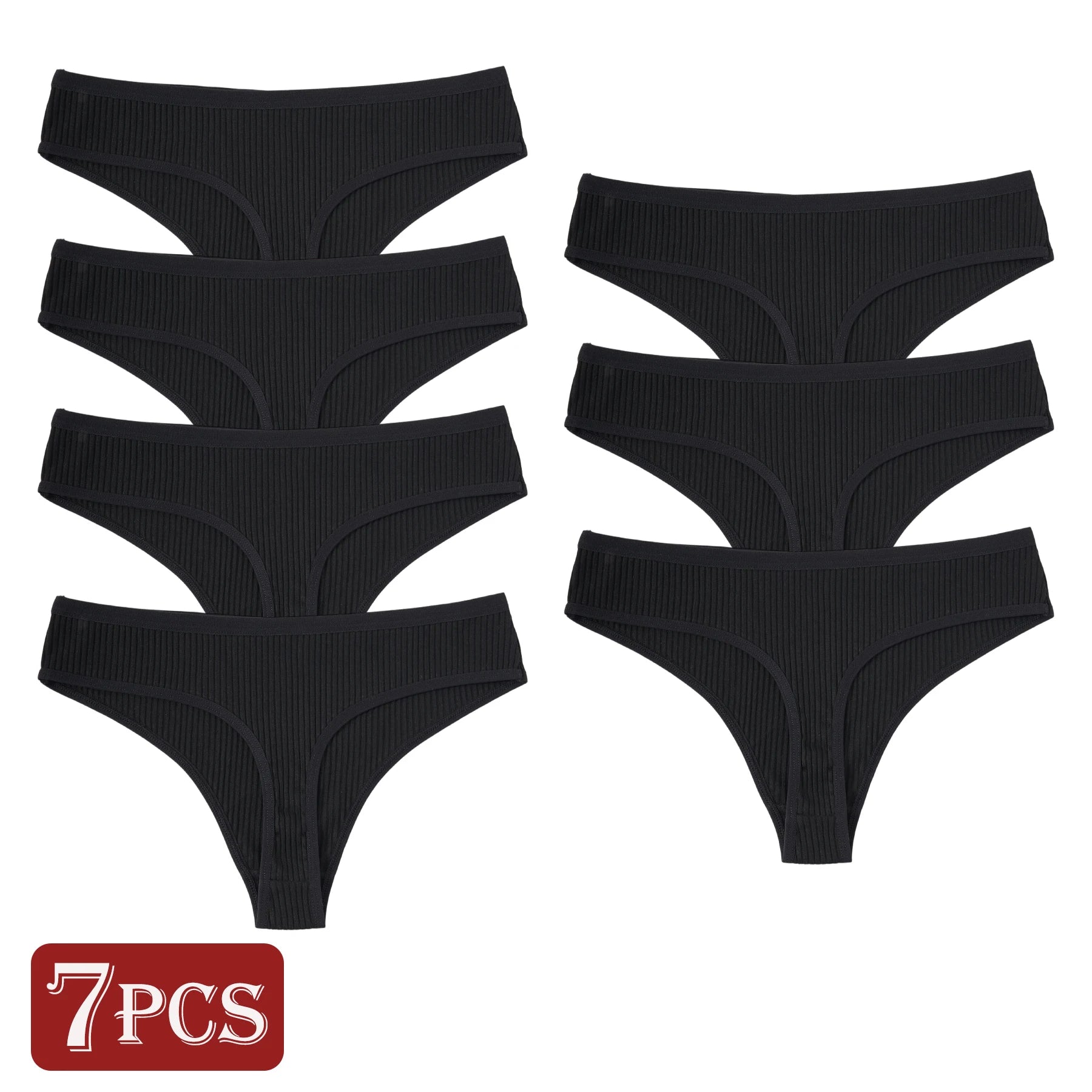7PCS New Black Cotton Women's G-Strings Female Low Rise Striped Thongs Panties Sexy Bikini Breathable T-Back Intimates Lingerie
