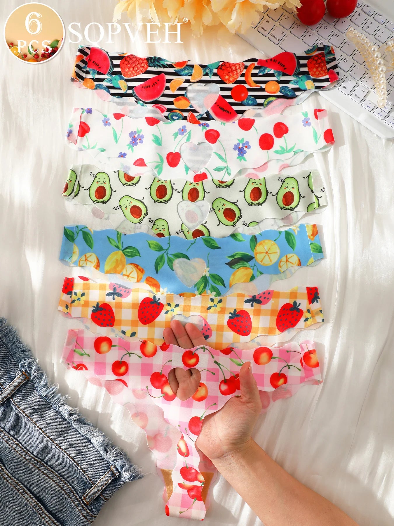 6Pcs Women's Fruits Print Seamless Thongs No Show Invisible Soft Stretch Ice Silk Multi-color Panties