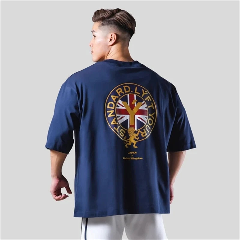 LYFT Men Cotton Black White Short Sleeve Gym Fitness Oversized T-Shirt Summer Fashion Loose Casual Men's Shirt Sports Tees Tops ATFH