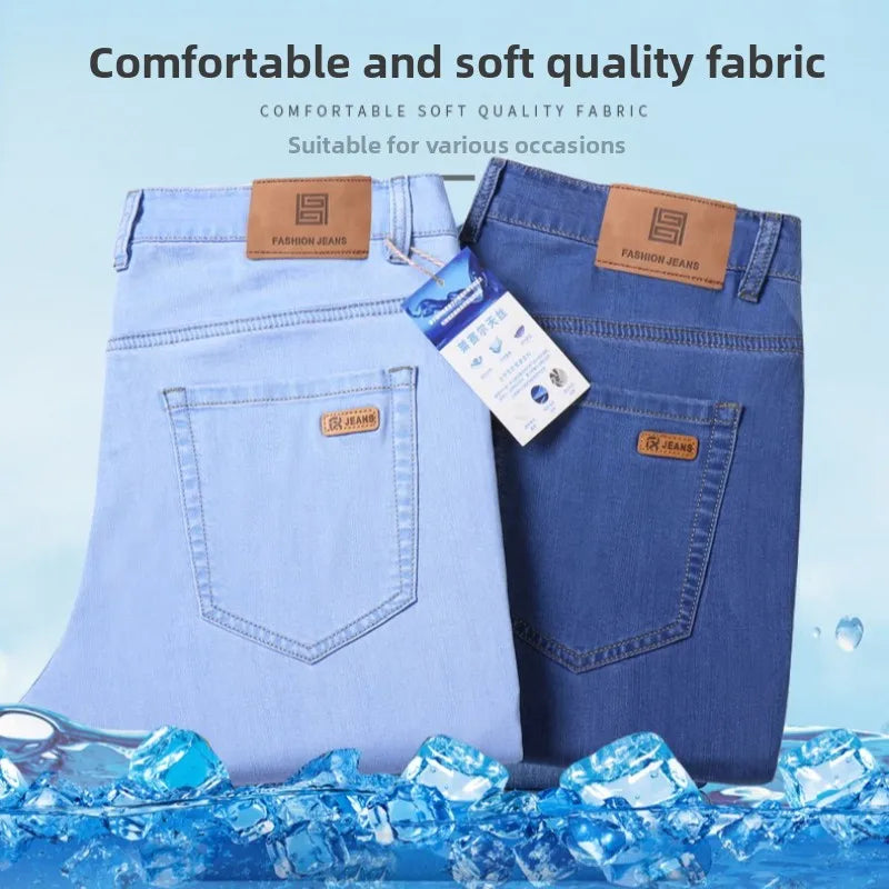 2026 Spring Summer 70% Lyocell Jeans Regular Fit Straight Ice Silk Style Business Casual Light Blue Stretch Cotton Denim ATFH