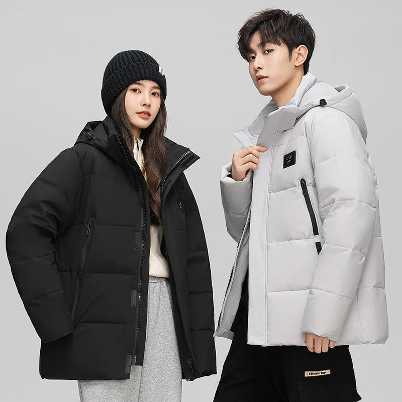 Couples Winter Outdoor Hiking Windproof Warm Fashion Trend Casual Hooded Jacket Solid Color White Duck Down Down Jacket