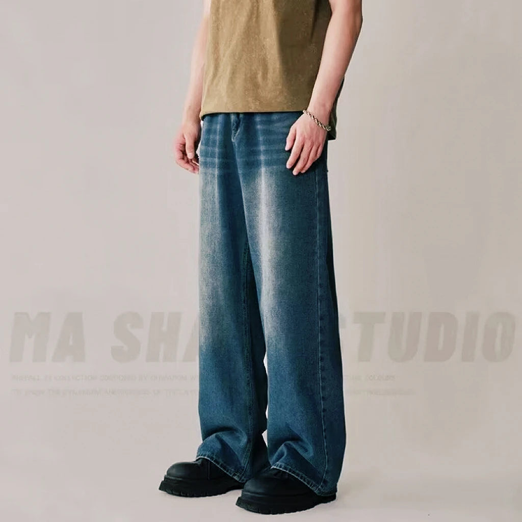 Spring Autumn Men's New Denim Pants Old Blue Washed Casual Jeans Menwear Loose New Fashion contrasting color Wide Leg Trousers ATFH