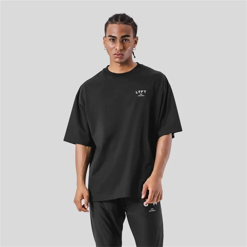 ONE POINT LYFT Print Big T Shirt Men Running Sport Gym Fitness Training Oversized 100% Cotton T-shirt Mens Bodybuilding Tee Tops ATFH