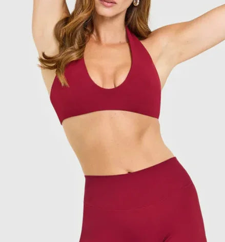 SoftMotion Minimal Halter Neck Bralette Workout Women's Sports Bra Gym High Support Underwear Pilates Yoga Halter Top Running - ATFH