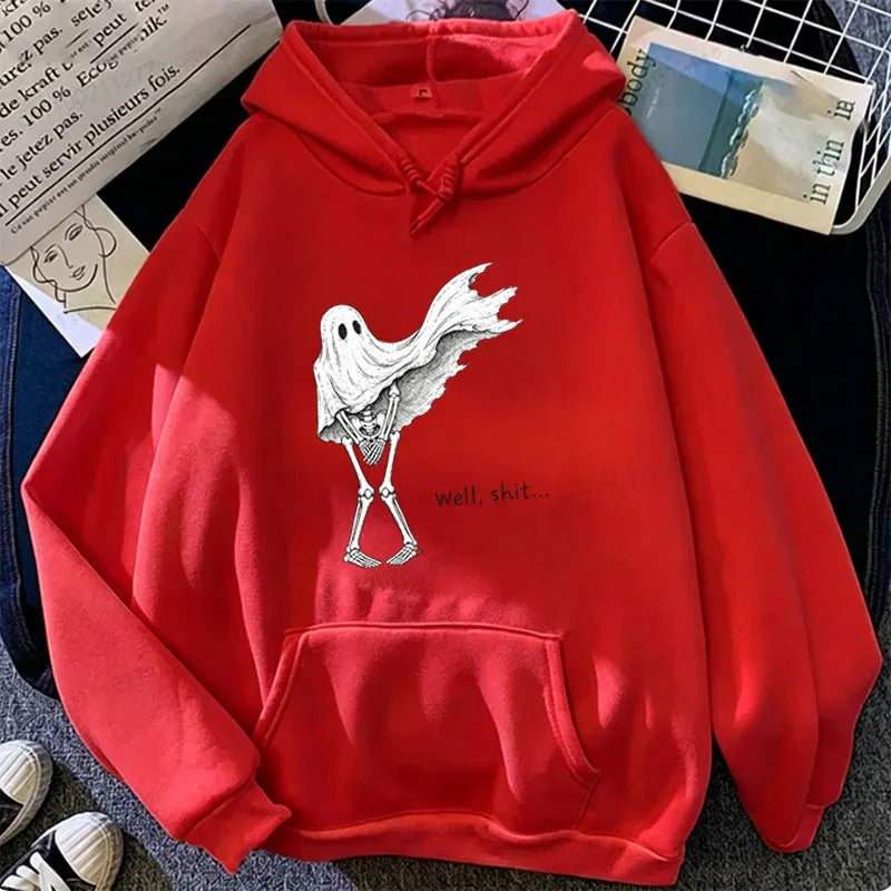 Funny Skeleton Ghost Women Hoodie Well Shit Graphic Hooded Sweatshirt Streetwear Punk Gothic Halloween Spooky Season Hoodie Gift