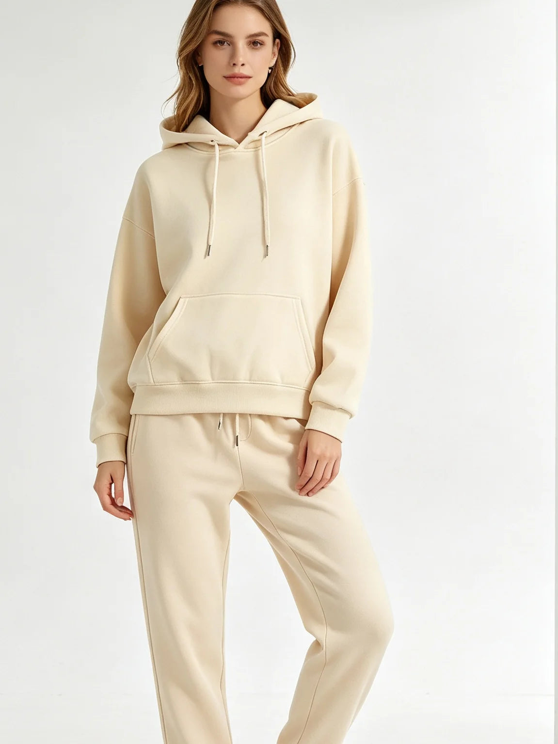 Women's Autumn and Winter Solid Color Minimalist Two-piece Set Hooded Sweat Casual Drawstring Leg Sweat Pants Home Suit