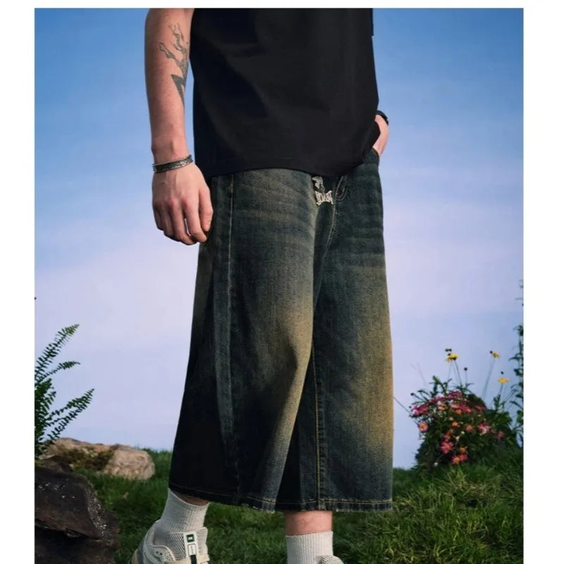 Men's 2026 Summer American High Street Retro Gradient Washed Denim Shorts Lazy Youth Trendy Ins New Versatile Casual Capri Pants ATFH
