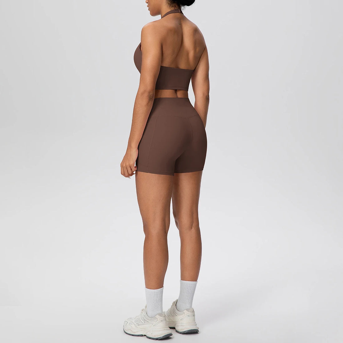 2PCS Women Yoga Set Solid Color Beautiful Back Hanging Neck Bra with Chest Pad Quick-Dry Fitness Shorts With Pockets Yoga Set - ATFH