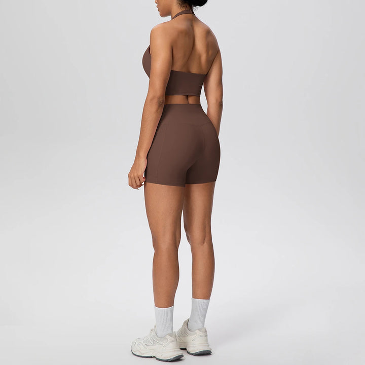 2PCS Women Yoga Set Solid Color Beautiful Back Hanging Neck Bra with Chest Pad Quick-Dry Fitness Shorts With Pockets Yoga Set - ATFH