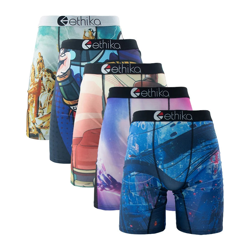 ETHIKA 5Pcs Sexy Men Underwear Breathable Mesh Crotch Mens Underpants Boxers Plus Size Printed Man Panties Men's Boxers Briefs