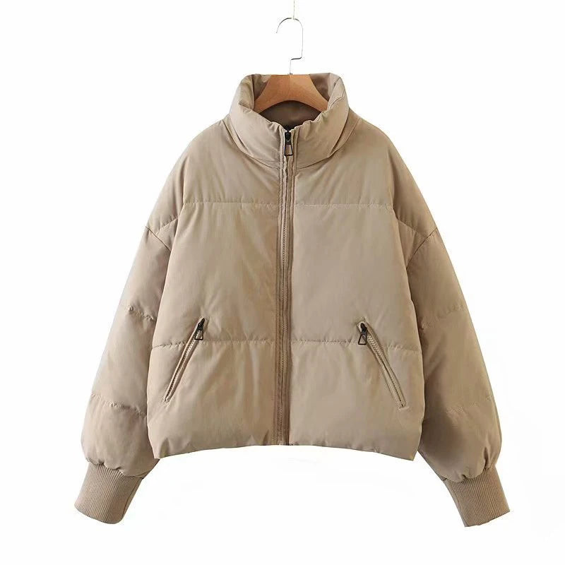 Women's Winter Stand Collar Jacket Baggy Short Padded Down Coats Cropped Puffer Long Sleeve Zipper Coats