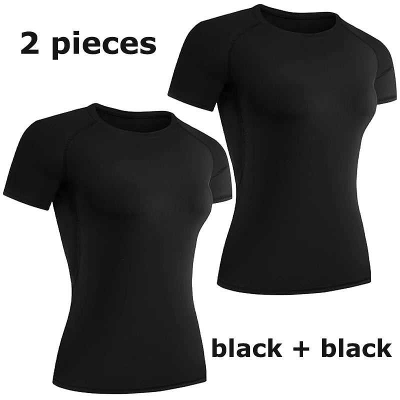 Women's Compression Shirt Short Sleeve Athletic Yoga Running T-Shirt Summer Gym Workout Quick Dry Stretchy Tees Tops Baselayer - ATFH