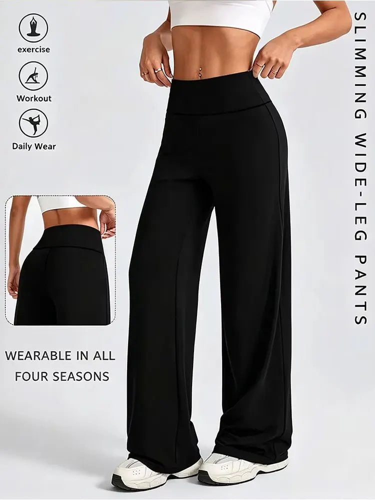 Solid Color Straight Wide Leg Pants Womens Mid Waist Yoga Leggings Fitness Tights Naked Feeling Pilates Running Sports Trousers