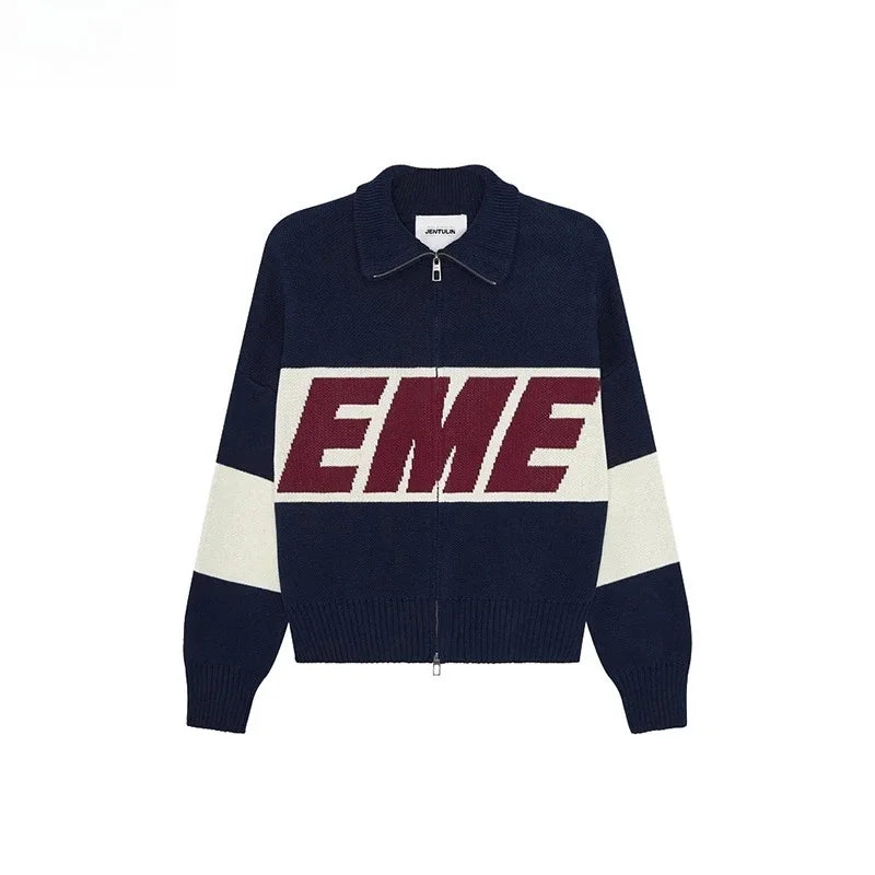 Retro Harajuku Spliced zipper Knit Sweater New Fashionable Casual Sweater Men American Y2k Letter Embroidery Clothing Women - ATFH