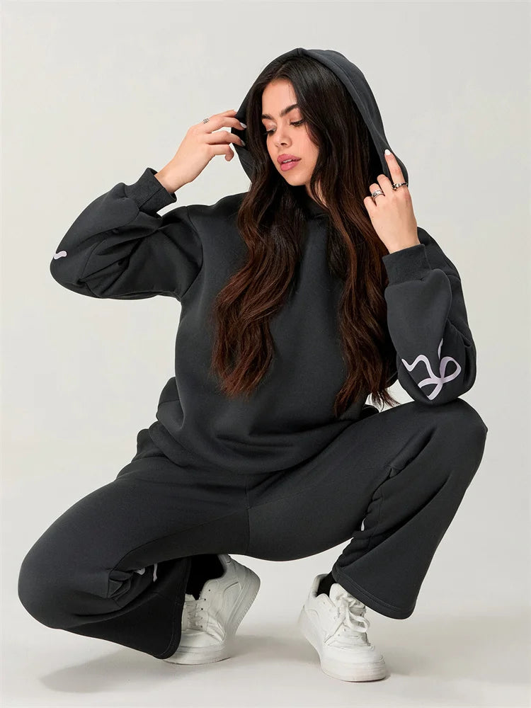 Women's Casual 2 Piece Outfits Long Sleeve Bow Print Hooded Tops Sweatshirts Wide Leg Pants Sets Tracksuits