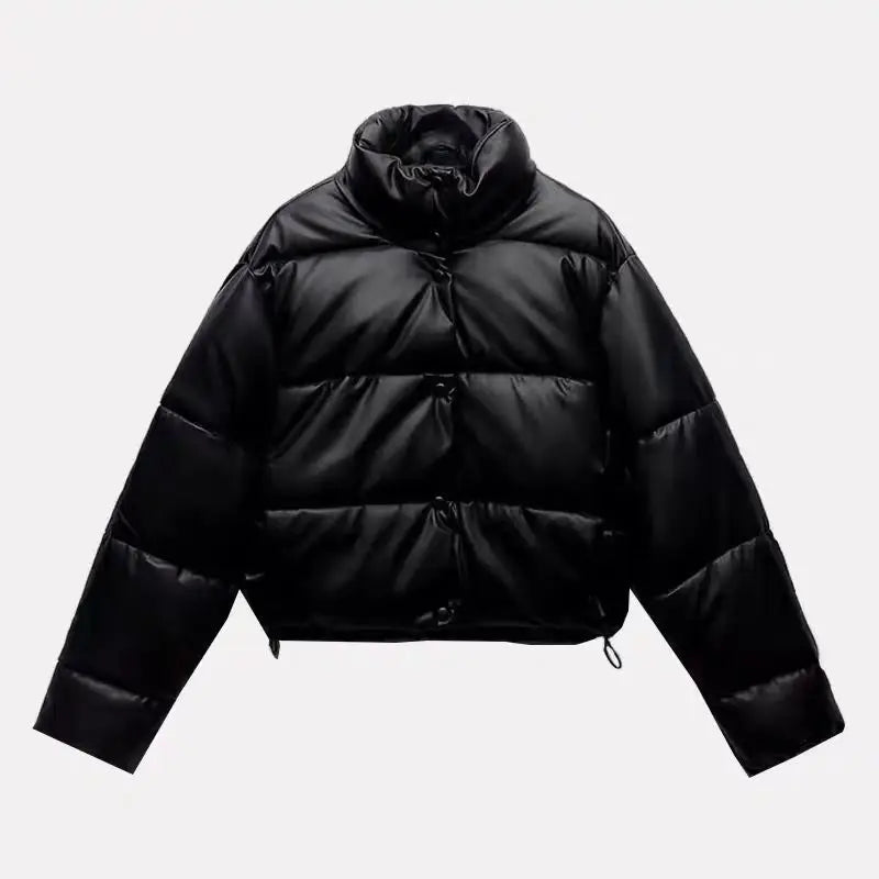 Fashion Black Pu Leather Winter Jacket Women Zipper Thick Warm Cotton Padded Coats Female Stand Collar Short Down Parkas
