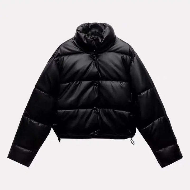 Fashion Black Pu Leather Winter Jacket Women Zipper Thick Warm Cotton Padded Coats Female Stand Collar Short Down Parkas