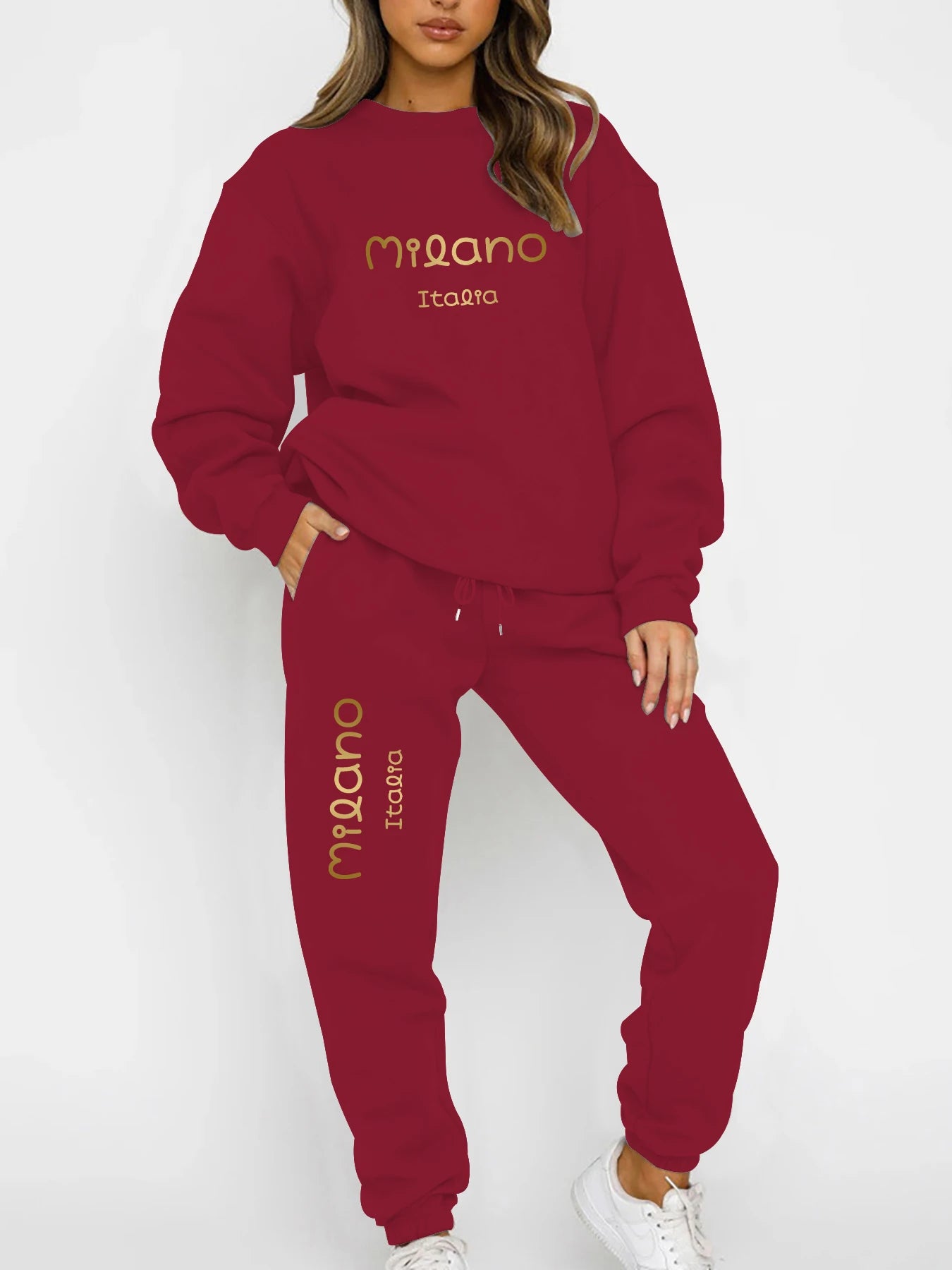 Autumn and Winter Essential Fleece-Lined Thickened Crewneck Sweatshirt Set, European and American Trendy Couple's Sweatshirt and Sweatpants Two-Piece Set, Women's Loose Oversize Sweatshirt + Long Pants, Long-Sleeve Regular Fi
