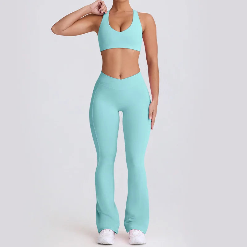 Naked Feel Quick-Dry Yoga Set Strappy Sports Bra & Seamless Leggings for Women Outdoor Gym Workout Activewear - ATFH