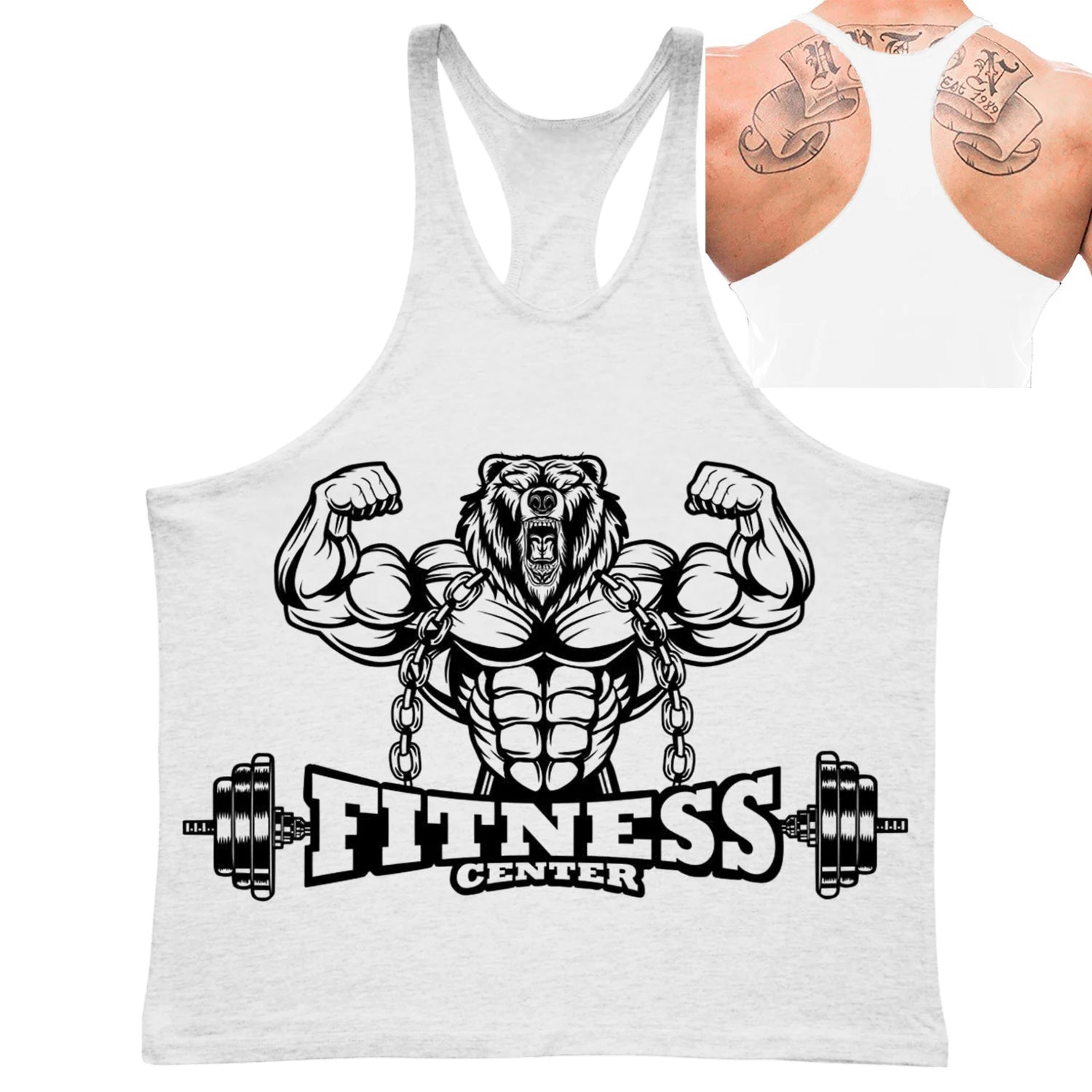 Men's Fitness Bear Graphic Stringer Tank Top, Bodybuilding Gym Vest, Summer Casual Street Fashion Sleeveless Shirt