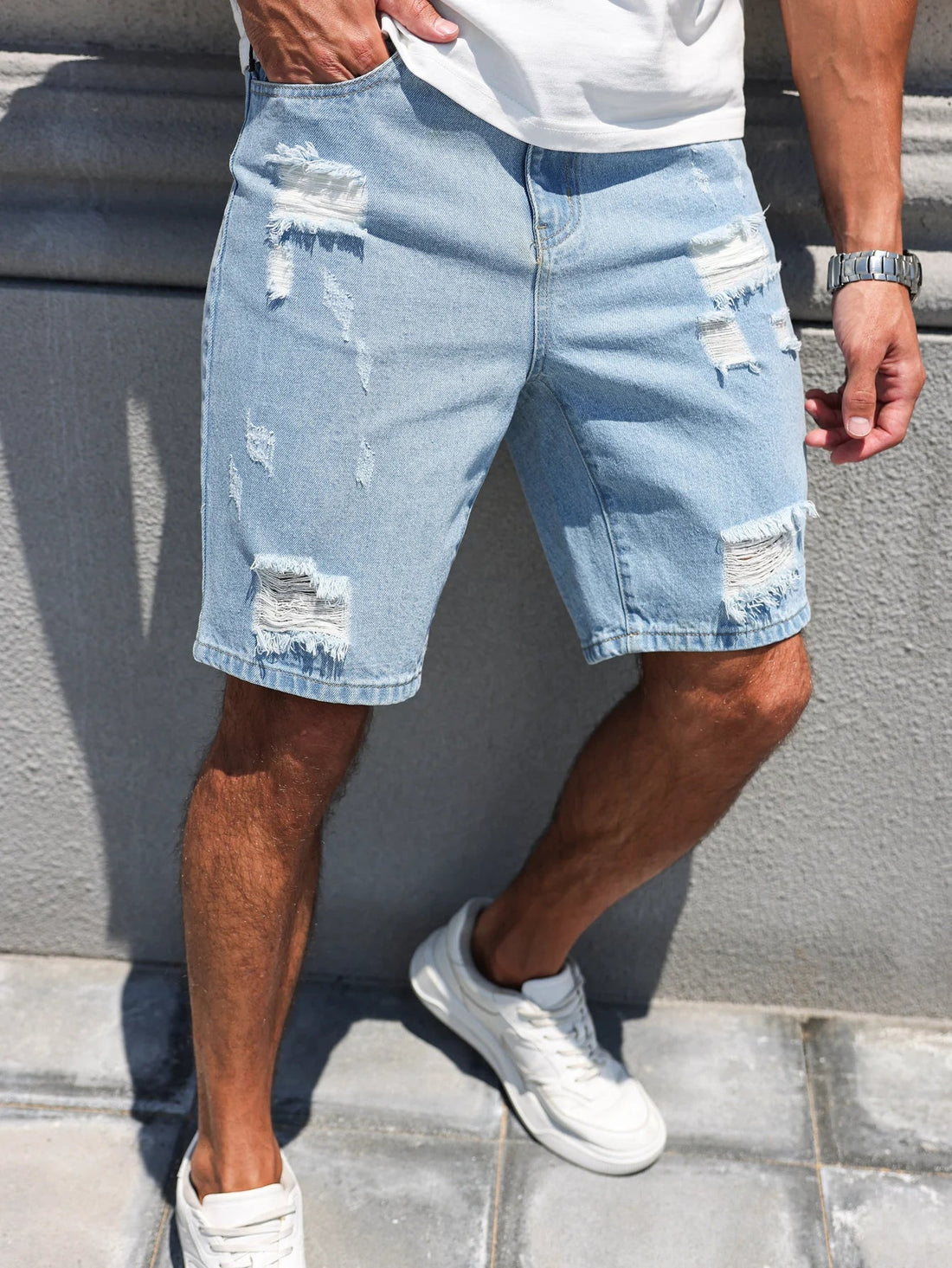 Hole-washed Water Buffalo Denim Short Pants - Men's Trendy Loose Straight Five-Piece Casual Shorts - Summer New Style ATFH