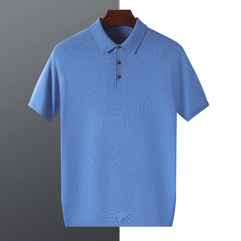 Men's fine spun wool mulberry silk Polo collar short sleeved men's wool knitted short sleeved T-shirt for spring and summer