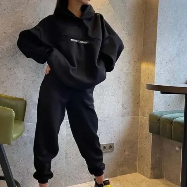 2026 Women's New Fashion Trend Solid Color Hooded Printed Sweatshirt Sports Casual Comfortable Loose Long-sleeved Women's Suit