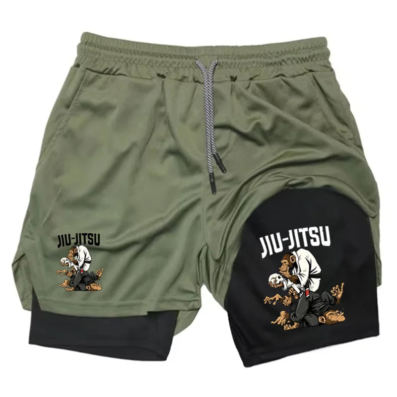 Men's Jiu Jitsu Monkey Print 2-in-1 Compression Shorts Quick Dry Gym Training BJJ Sports Workout Shorts with Liner WX198