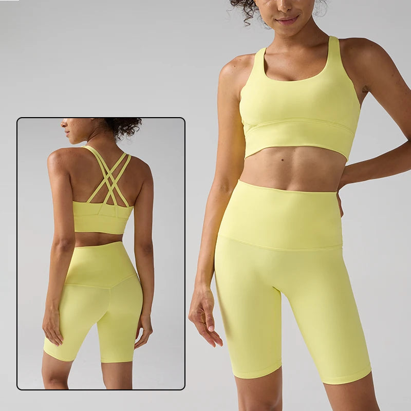 Women's 2 Piece Yoga Gym Sports Clothes Set Cross Back Bra Top with High Waist Shorts Fitness Running Workout Tracksuit - ATFH