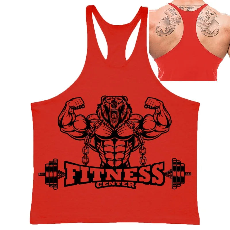 Men's Fitness Bear Graphic Stringer Tank Top, Bodybuilding Gym Vest, Summer Casual Street Fashion Sleeveless Shirt