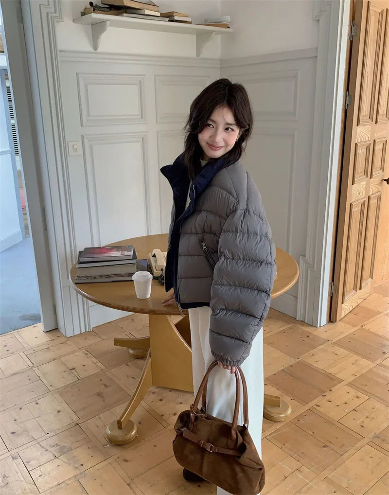 Wearing Down Cotton Jacket onBoth sSides, Women's Short Style Stand up Collar Cotton Jacket for Small People,  Contrasting Color ATFH