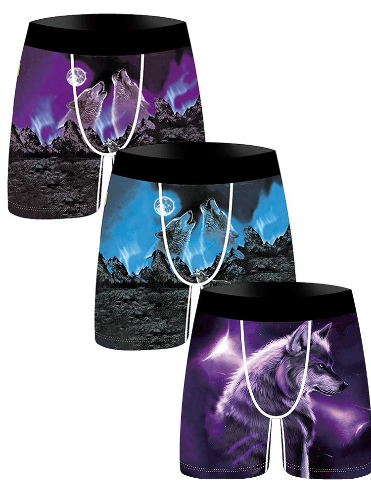 3Pcs Lion Wolf Print Men Underwear Boxers Men's Novelty Underpant Breathable Printed Male Underpants Man Boxer Briefs