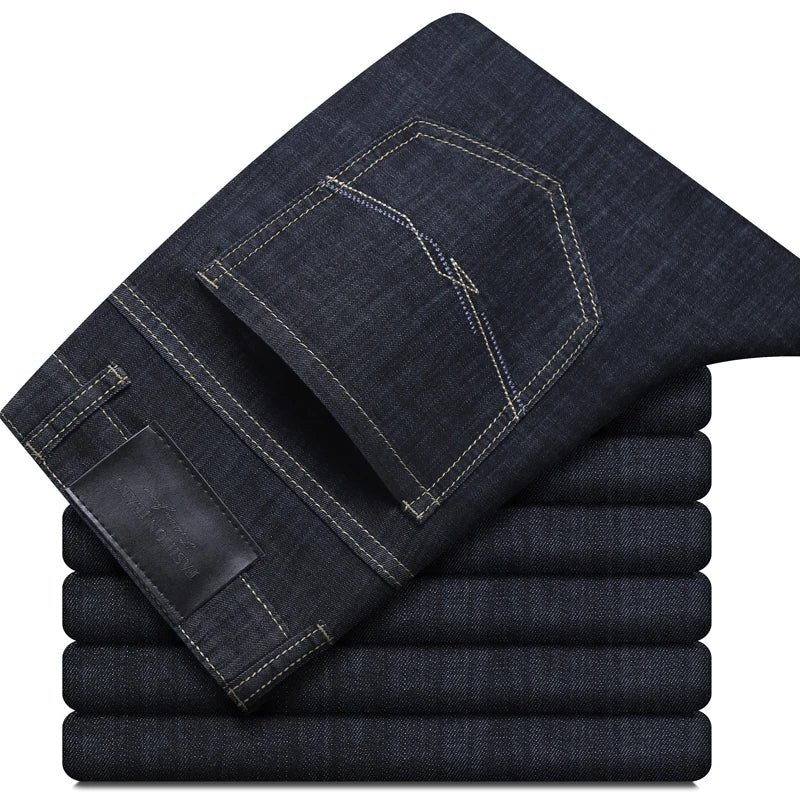 Summer New Elastic Men's Jeans Fashion Comfortable Business Straight Stretch Cotton Casual Denim Pants Brand Male Thin Trousers ATFH