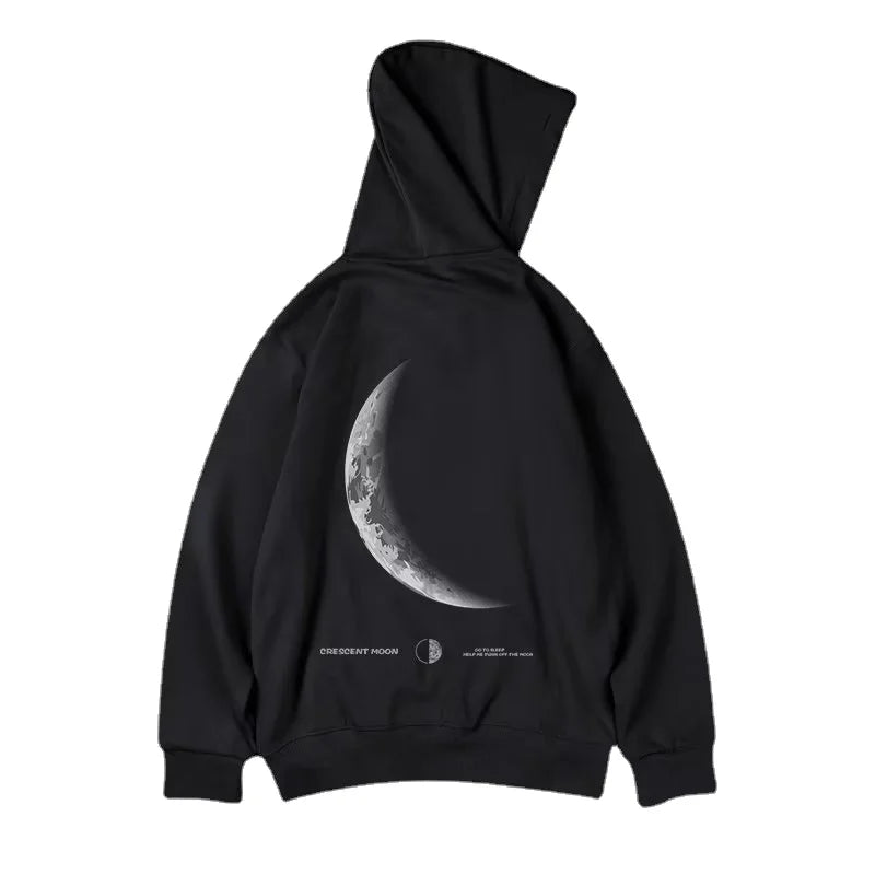 M-8XL American Style Street Crescent Print Oversized Hoodie Long-sleeve Loose Hoodie Student's Large Soft Velvet Hooded Sweater - ATFH
