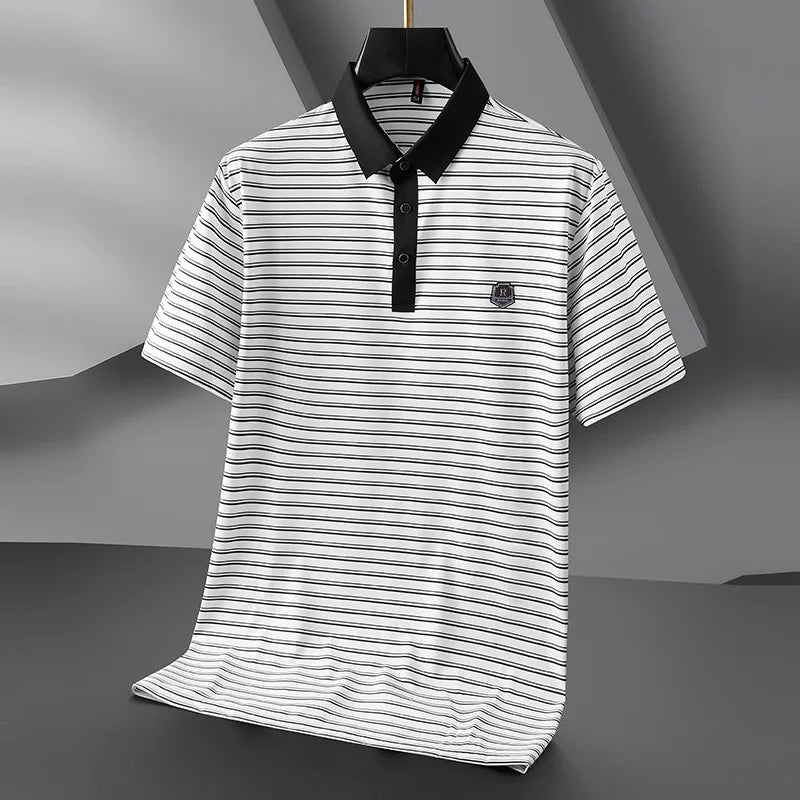 Minglu High Elasticity Summer Striped Male Polo Shirts Luxury Short Sleeve Ice Silk Business Golf Casual Man Tees Plus Size 8XL