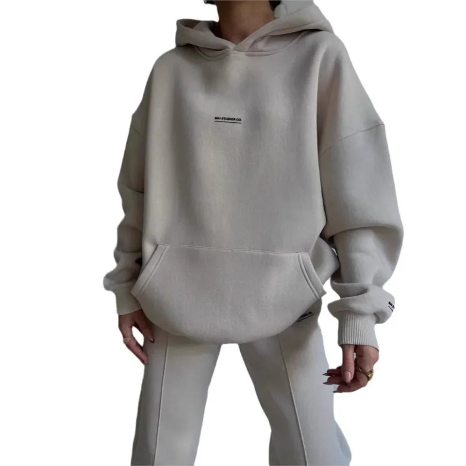 Women's Casual Hooded Sweatshirt Trousers 2 Piece Set Plus Velvet Warm Fashion Pocket Printed Letters Sports Ladies Trousers Set ATFH