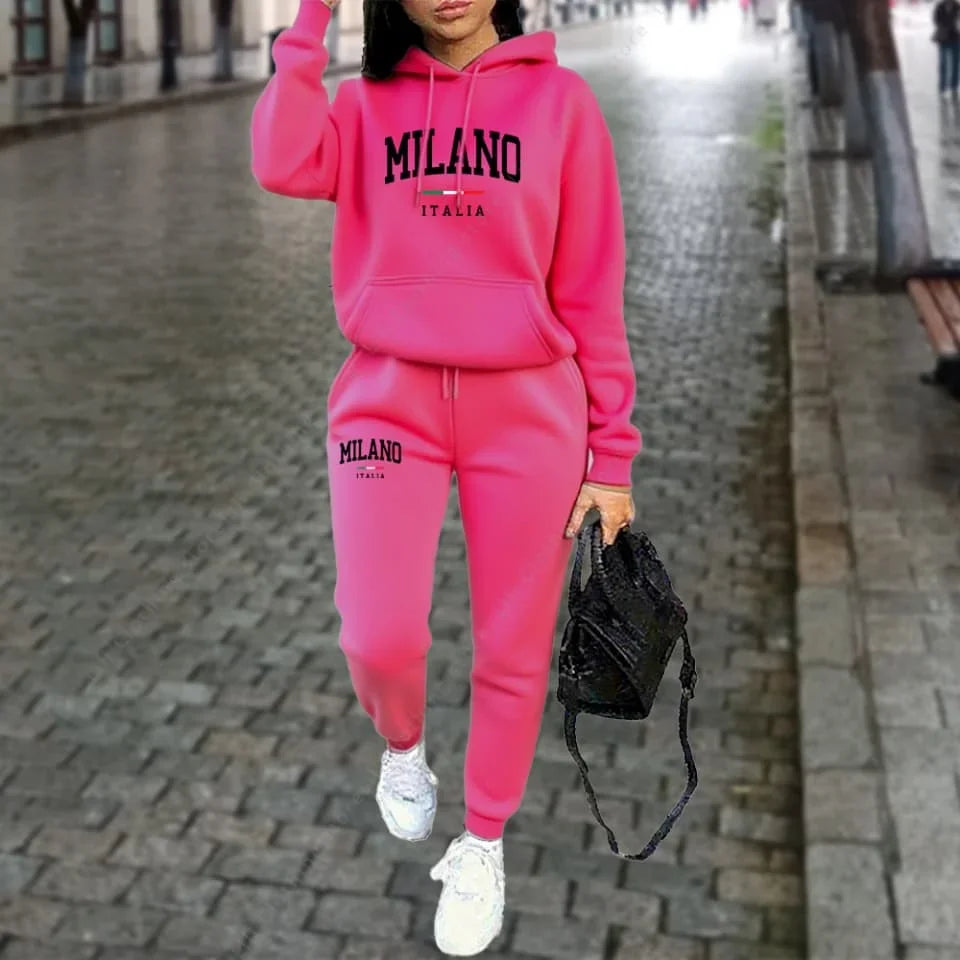 Women's Tracksuit Hoodies Pants Fall Winter Matching Set Athleisure MLANO Letter Print Fleece 2 Piece Sweatpants Set for Woman