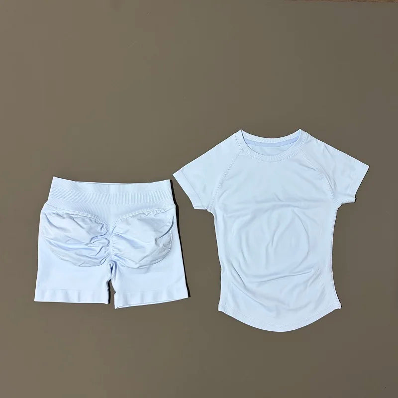 2 Pieces HISTELLO Sports Sets Short Sleeve Seamless Yoga Top Fitness Set Women Workout Running Sports Shorts Gym Suit - ATFH