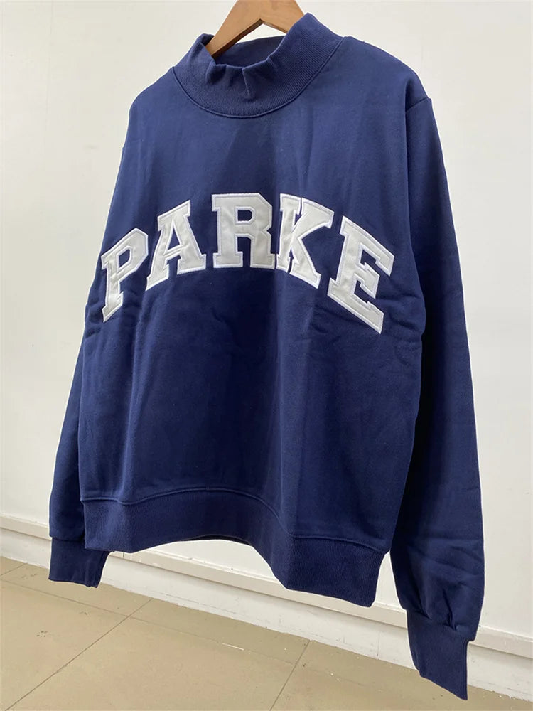 Women Letters Patch Embroidery Blue Sweatshirts Female Stand Collar Long Sleeve Pullover Casual Ladies Sports Top - ATFH