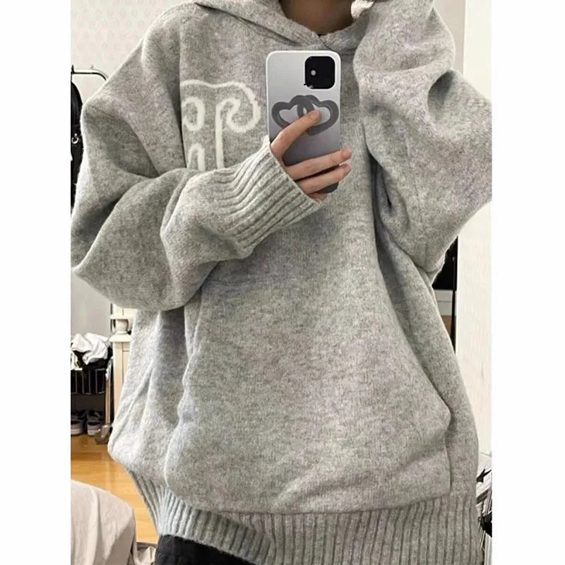 Gray Letter Graphic Hoodie Sweater Women Y2K Autumn Loose Korean Warm Knit Sweatshirt Bf Streetwear Oversize All Match Pullover - ATFH