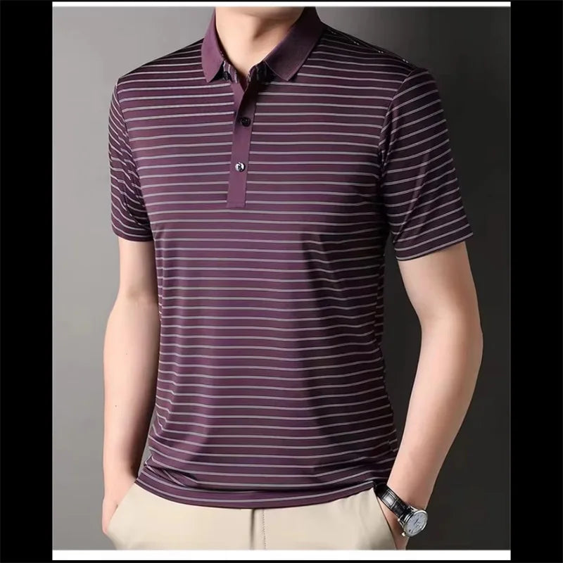 Men's Stripped Pattern Polo Shirt Summer Casual Short Sleeve Button Golf T Shirt Clothes Men's Oversized Polo Shirts Tops