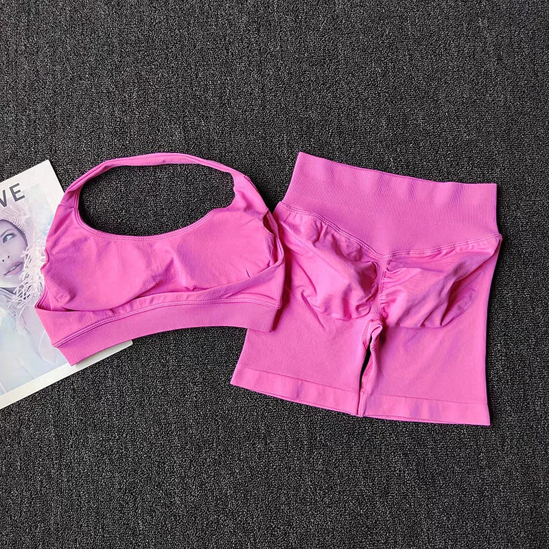 2 Pieces Yoga Suit for Women Seamless Fitness Gym Clothes Halter Sports Bra Matching Impact Shorts Workout Sets Gym Outfit - ATFH