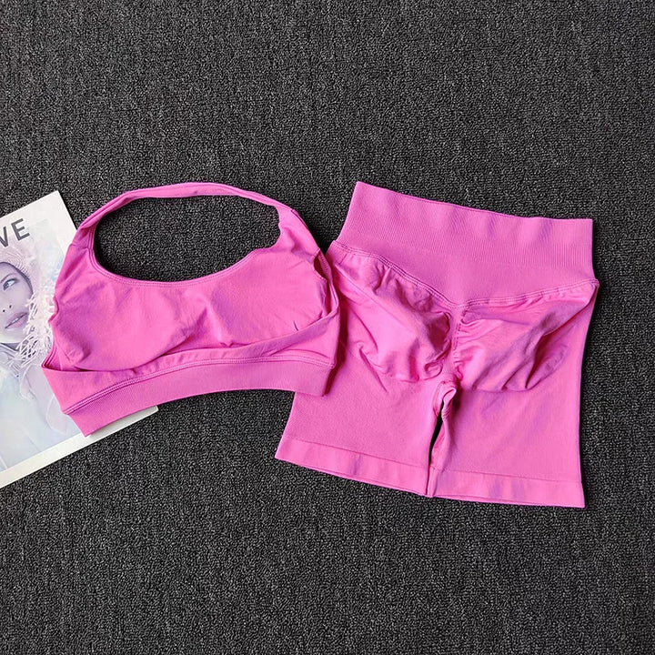 2 Pieces Yoga Suit for Women Seamless Fitness Gym Clothes Halter Sports Bra Matching Impact Shorts Workout Sets Gym Outfit - ATFH