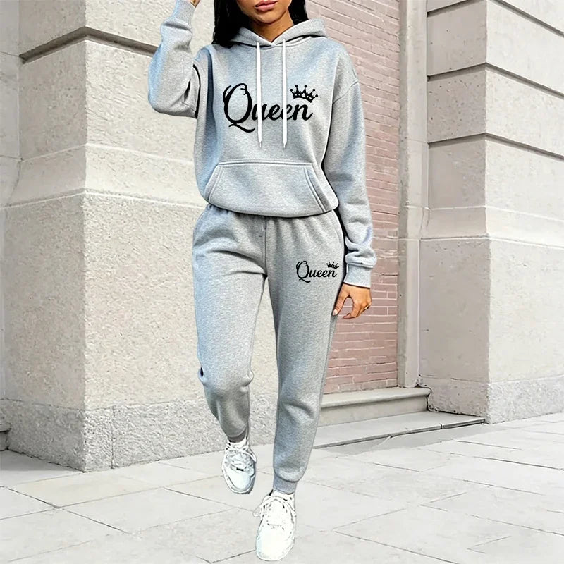 Autumn Winter Women's Outfits Queen Printing Casual Hooded Sweatshirts 2 Pcs Suit Outdoors Fashion Clothing Quality Pants Sets