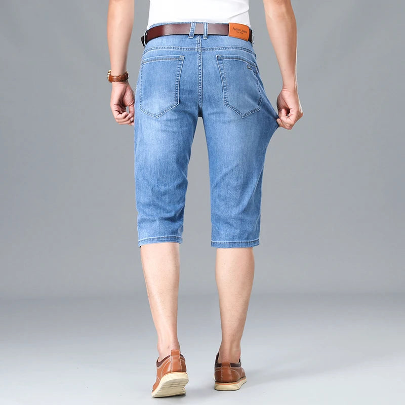 Summer Men's Thin Stretch Short Jeans Business Casual Blue Straight-leg Cotton Denim Calf-length Pants Male Brand Clothes ATFH