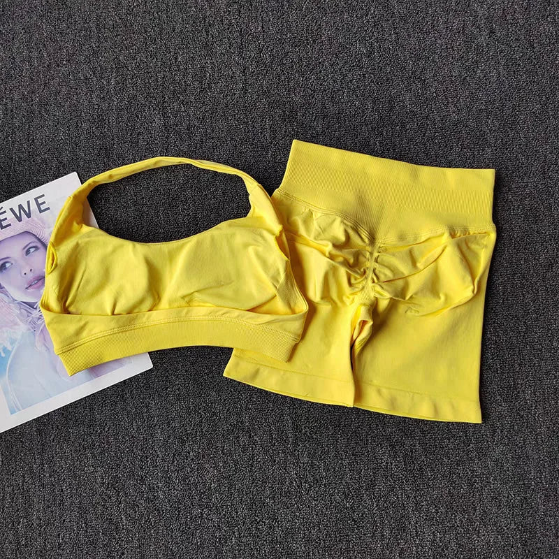2 Pieces Yoga Suit for Women Seamless Fitness Gym Clothes Halter Sports Bra Matching Impact Shorts Workout Sets Gym Outfit - ATFH
