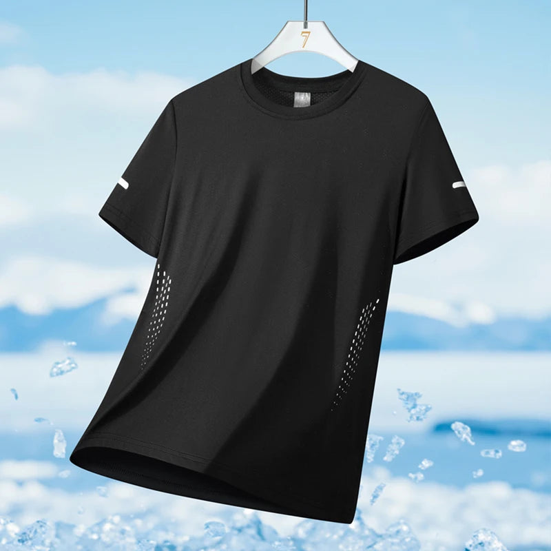 Running T-shirt Men Summer Ice Silk Thin Top Reflective Printing Quick Dry Short Sleeve Breathable Fitness Sports T-shirt 5XL ATFH