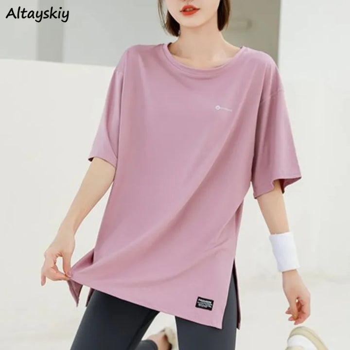 Loose T-shirts for Women Running Clothing Solid O-neck Summer Quick Drying Short Sleeve Korean Style Young Girls Students Soft - ATFH